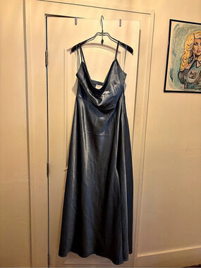 Birdy Grey Lisa Long Shiny Satin Dress Maxi in Slate Blue size L